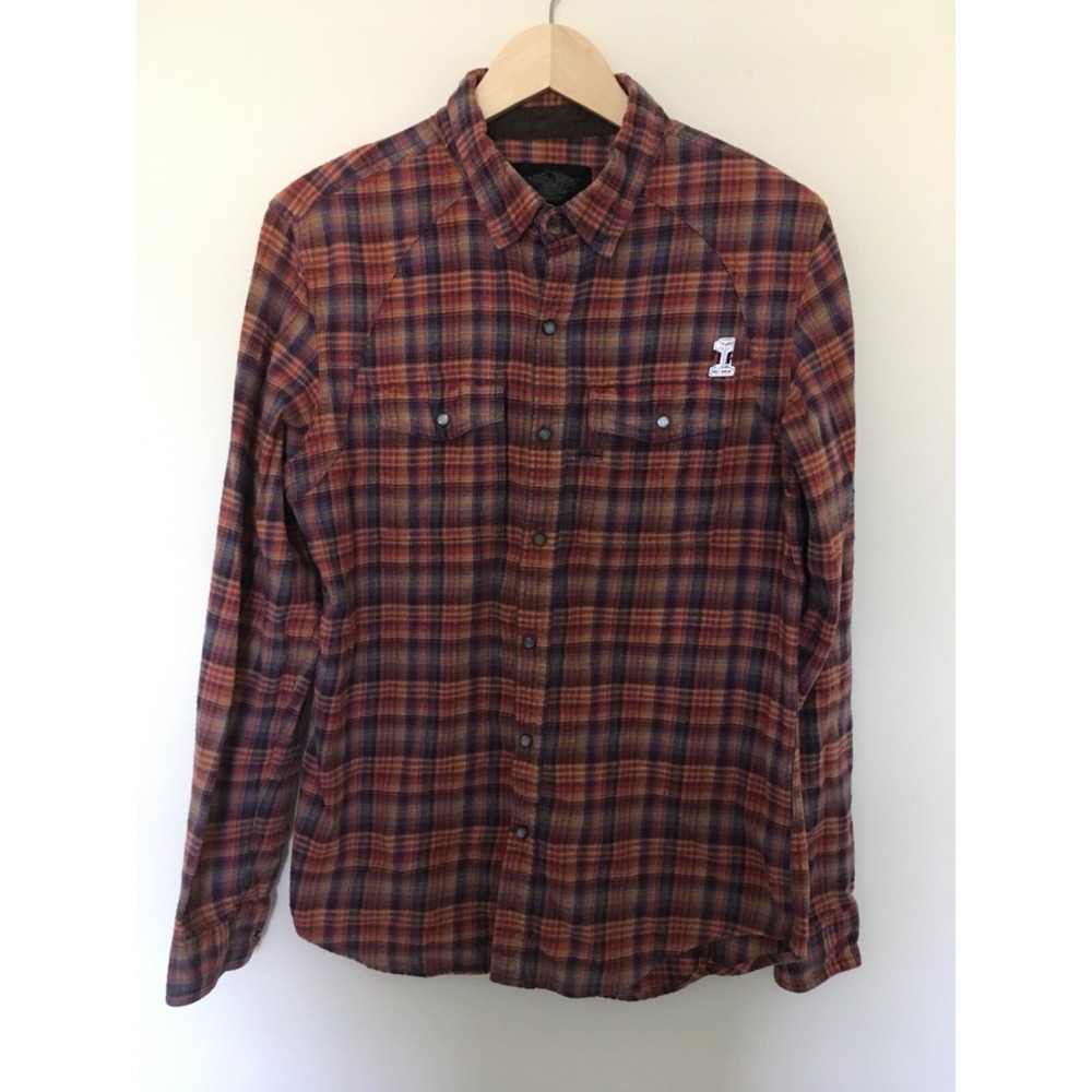 Harley Davidson Womens Sz M #1 Red Blue Plaid Pearl Snap Flannel Shirt